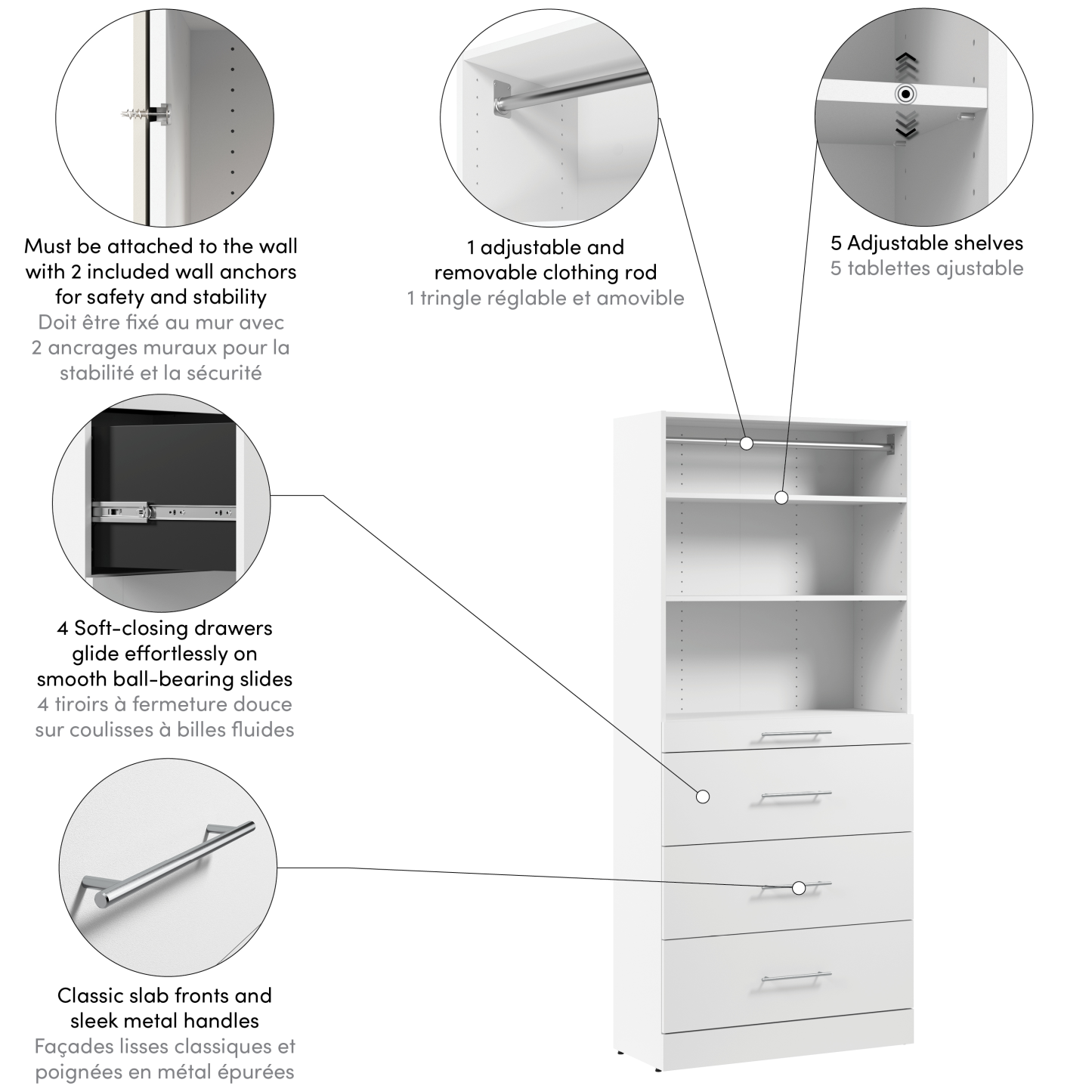 Système de tour garde-robe et pièce-penderie modulaire Florence de Bestar de 36 po avec tablettes et 4 tiroirs de style lisse - blanche