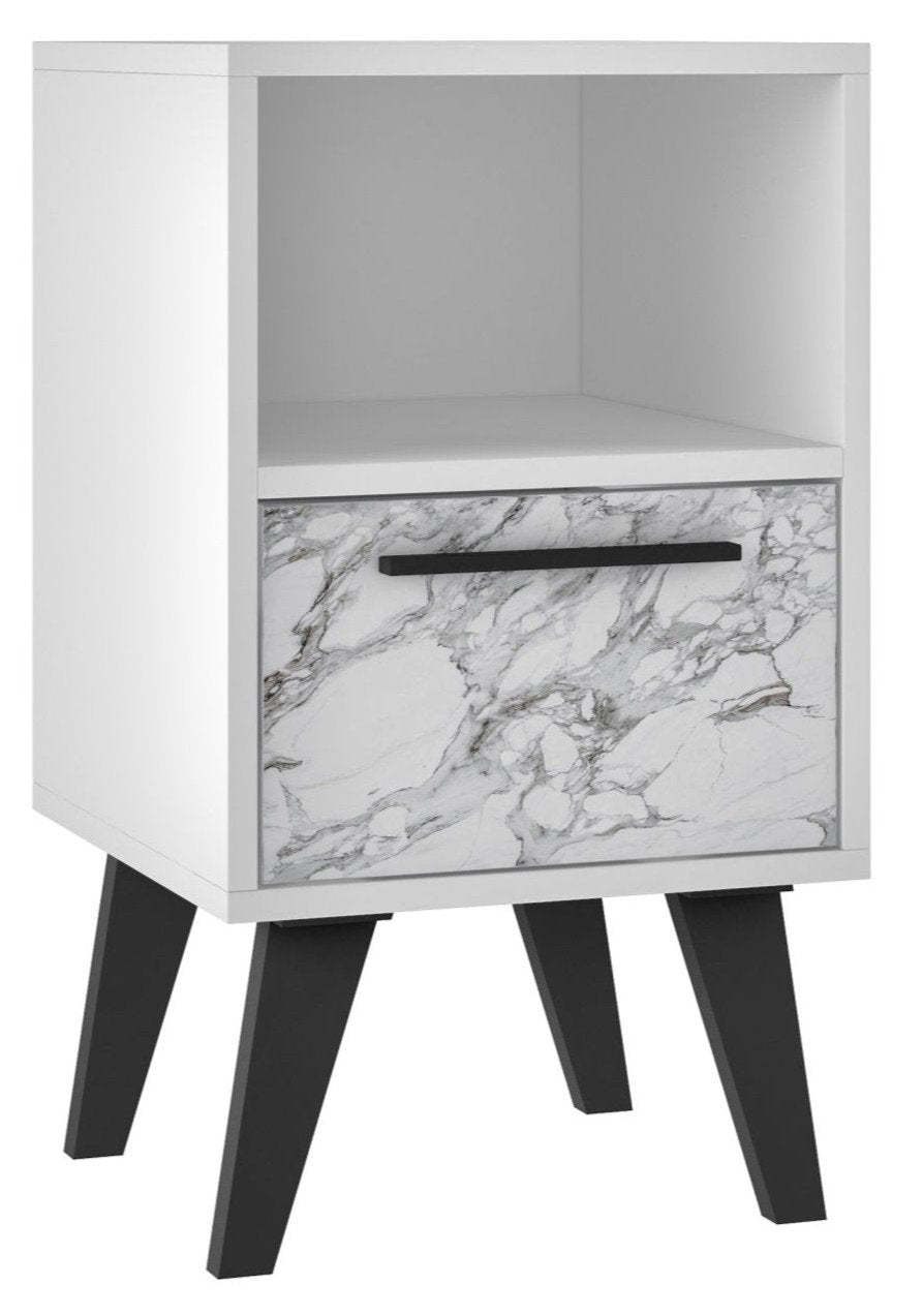 Manhattan Comfort Mid-Century Modern Amsterdam Nightstand with 1 Shelf - White Marble|Table de nuit Amsterdam de Manhattan Comfort de style moderne du milieu du 20e siècle avec 1 tablette - marbre blanc