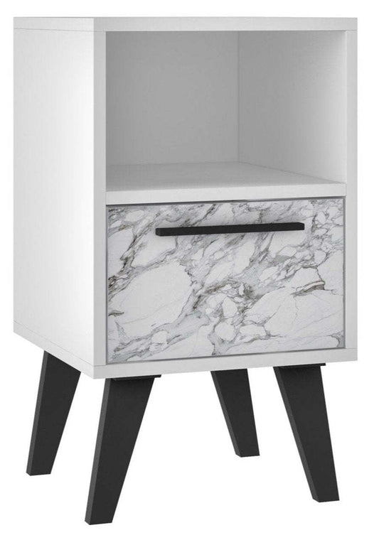 Manhattan Comfort Mid-Century Modern Amsterdam Nightstand with 1 Shelf - White Marble|Table de nuit Amsterdam de Manhattan Comfort de style moderne du milieu du 20e siècle avec 1 tablette - marbre blanc