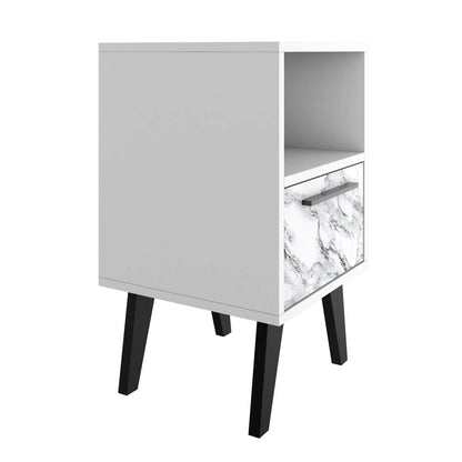 Manhattan Comfort Mid-Century Modern Amsterdam Nightstand with 1 Shelf - White Marble|Table de nuit Amsterdam de Manhattan Comfort de style moderne du milieu du 20e siècle avec 1 tablette - marbre blanc