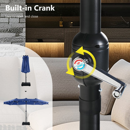 Parasol de marché d'extérieur rectangulaire à manivelle double face MAISON ARTS de 4,57 m (15 pi), avec éclairage solaire à DEL et base incluse