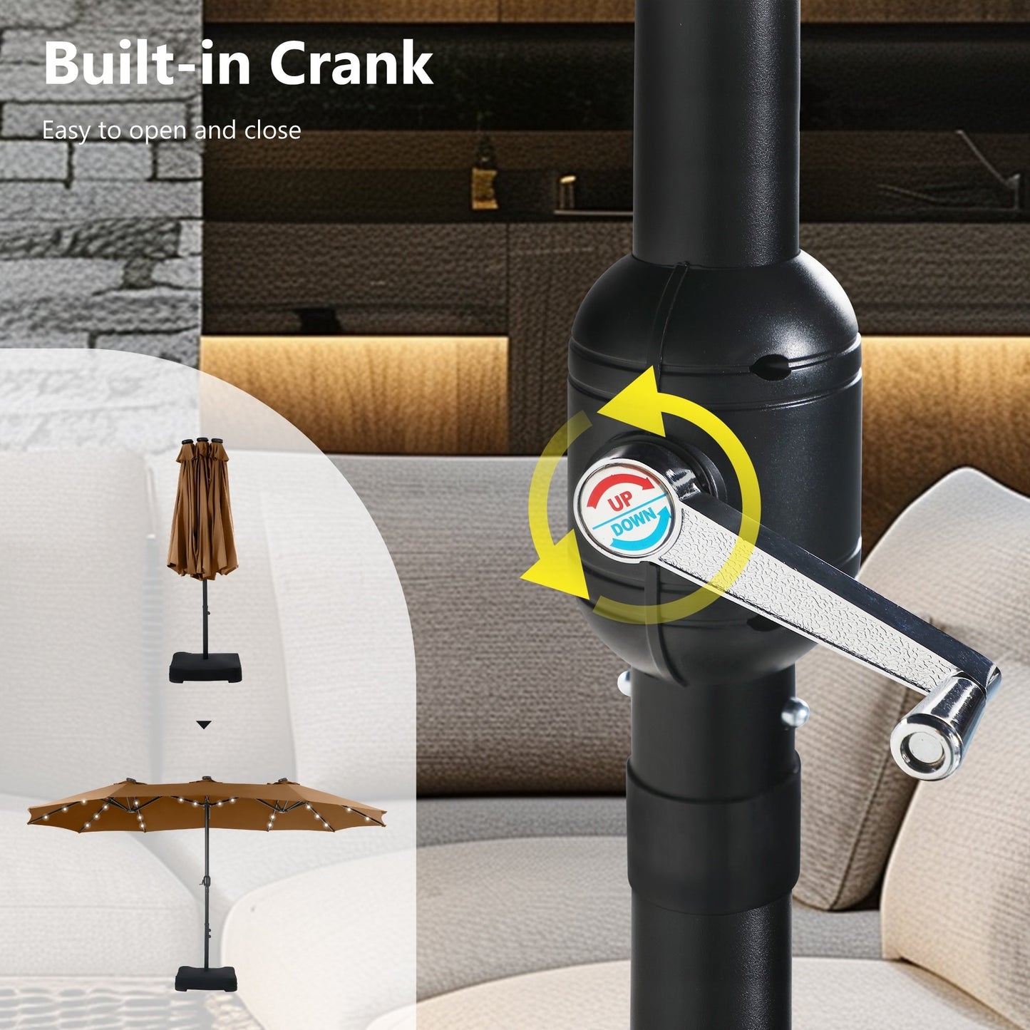 Parasol de marché d'extérieur rectangulaire à manivelle double face MAISON ARTS de 4,57 m (15 pi), avec éclairage solaire à DEL et base incluse