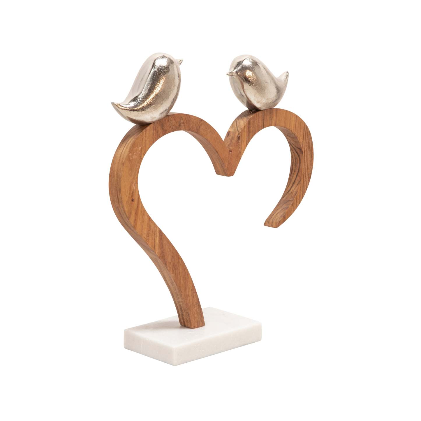 Métal 15 Oiseaux Perchés sur Coeur en Bois avec Socle en Marbre - Argent|Oiseaux perchés sur un cœur en bois de 15 po en métal avec socle en marbre - argentés