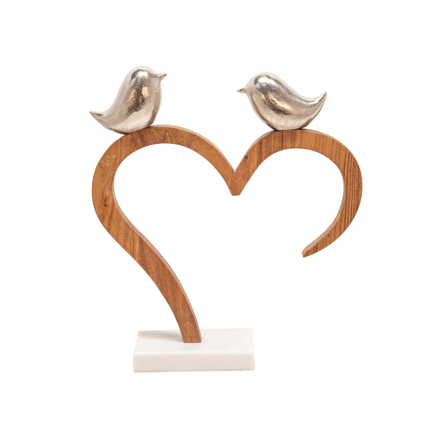 Métal 15 Oiseaux Perchés sur Coeur en Bois avec Socle en Marbre - Argent|Oiseaux perchés sur un cœur en bois de 15 po en métal avec socle en marbre - argentés