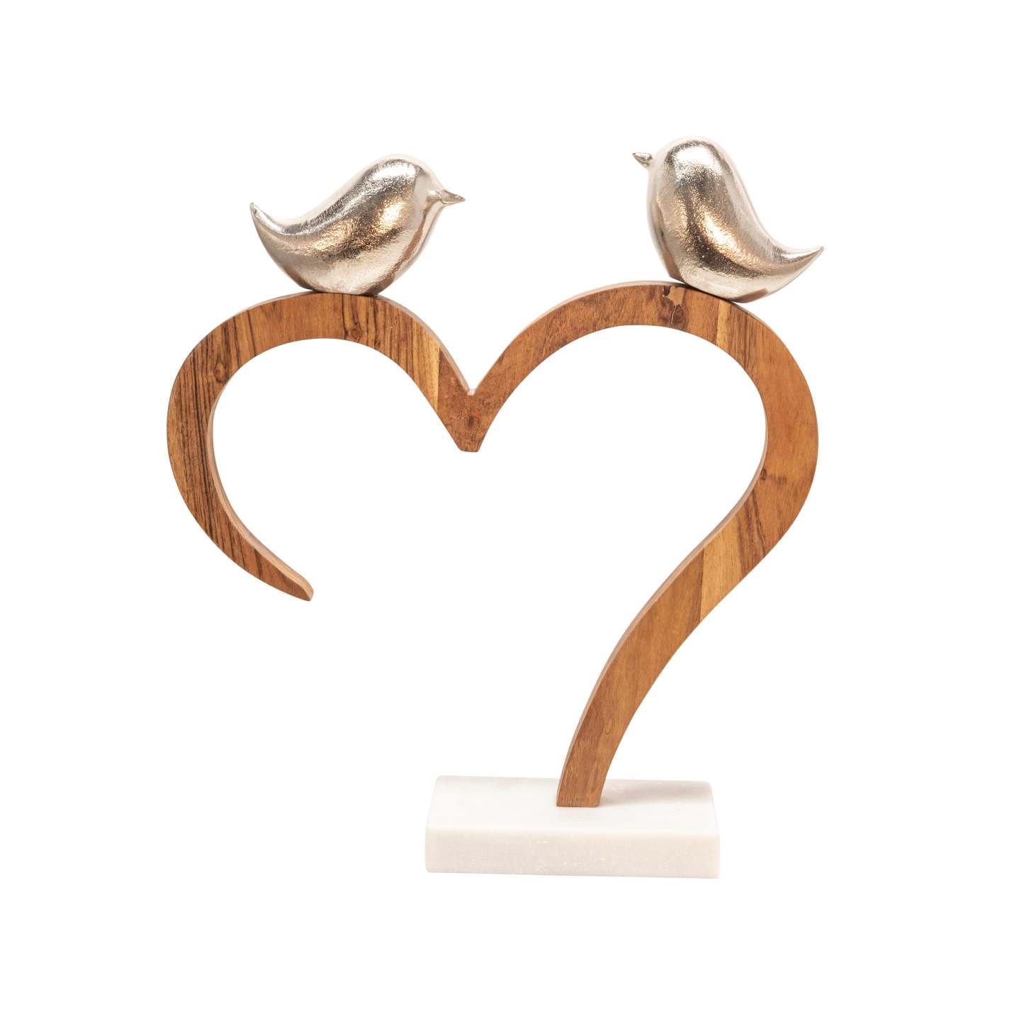 Métal 15 Oiseaux Perchés sur Coeur en Bois avec Socle en Marbre - Argent|Oiseaux perchés sur un cœur en bois de 15 po en métal avec socle en marbre - argentés