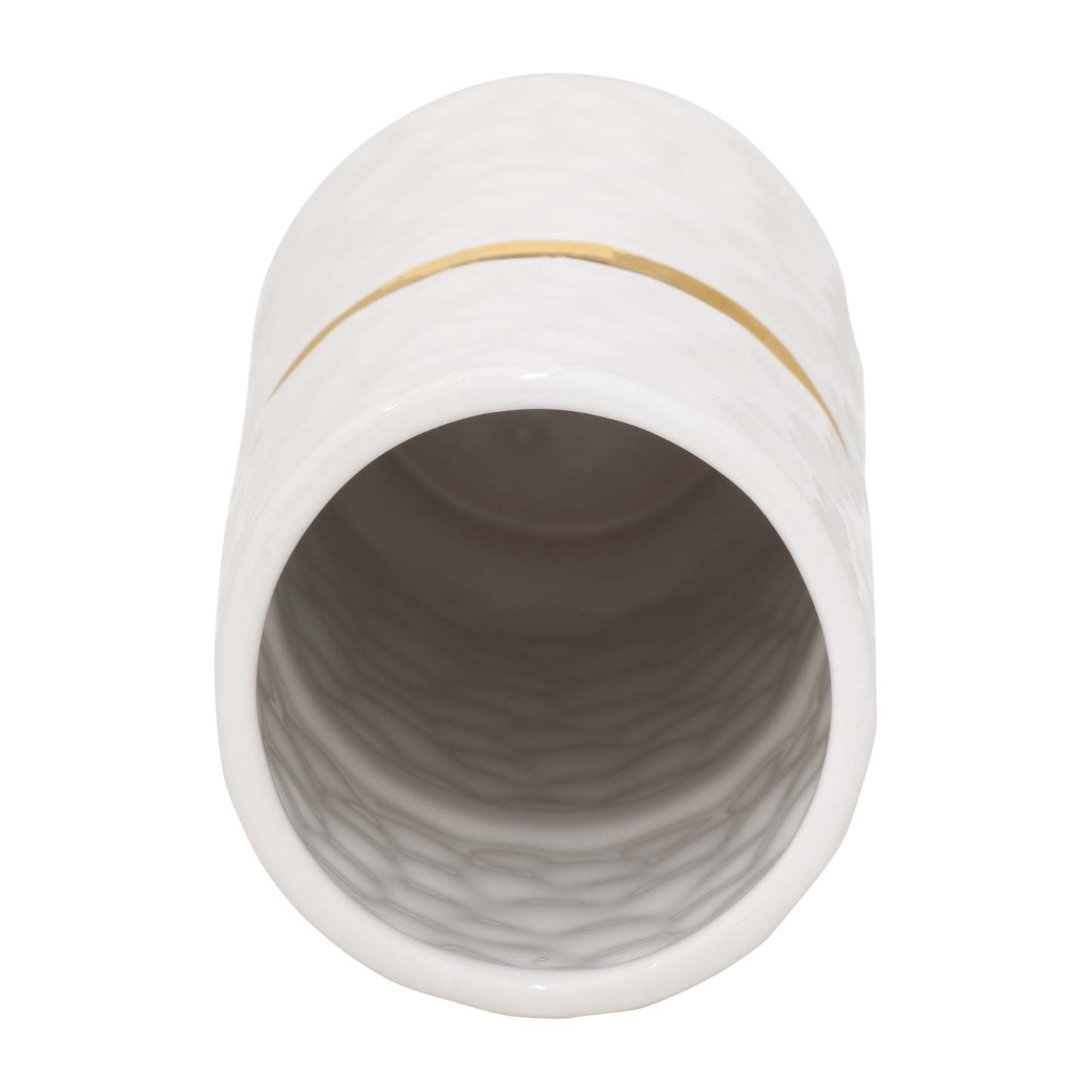 Vase de 13 po en céramique avec ceinture - blanc et doré