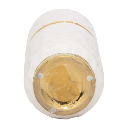 Vase de 13 po en céramique avec ceinture - blanc et doré