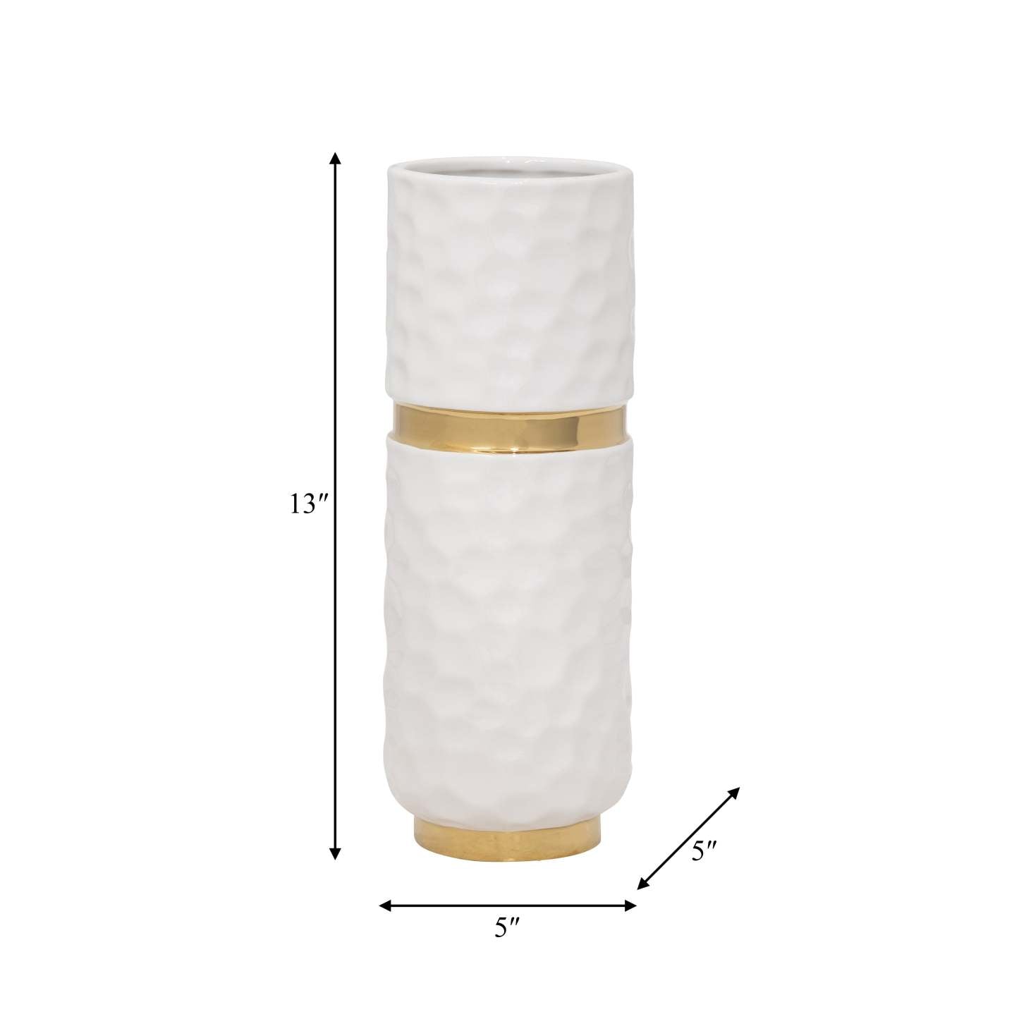 Vase de 13 po en céramique avec ceinture - blanc et doré