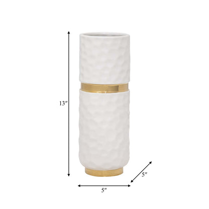 Vase de 13 po en céramique avec ceinture - blanc et doré