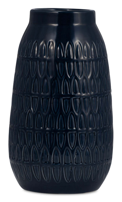 Vase gravé bleu marine de 10 po