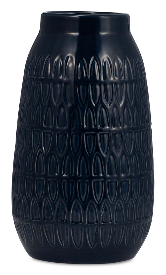 Vase gravé bleu marine de 10 po