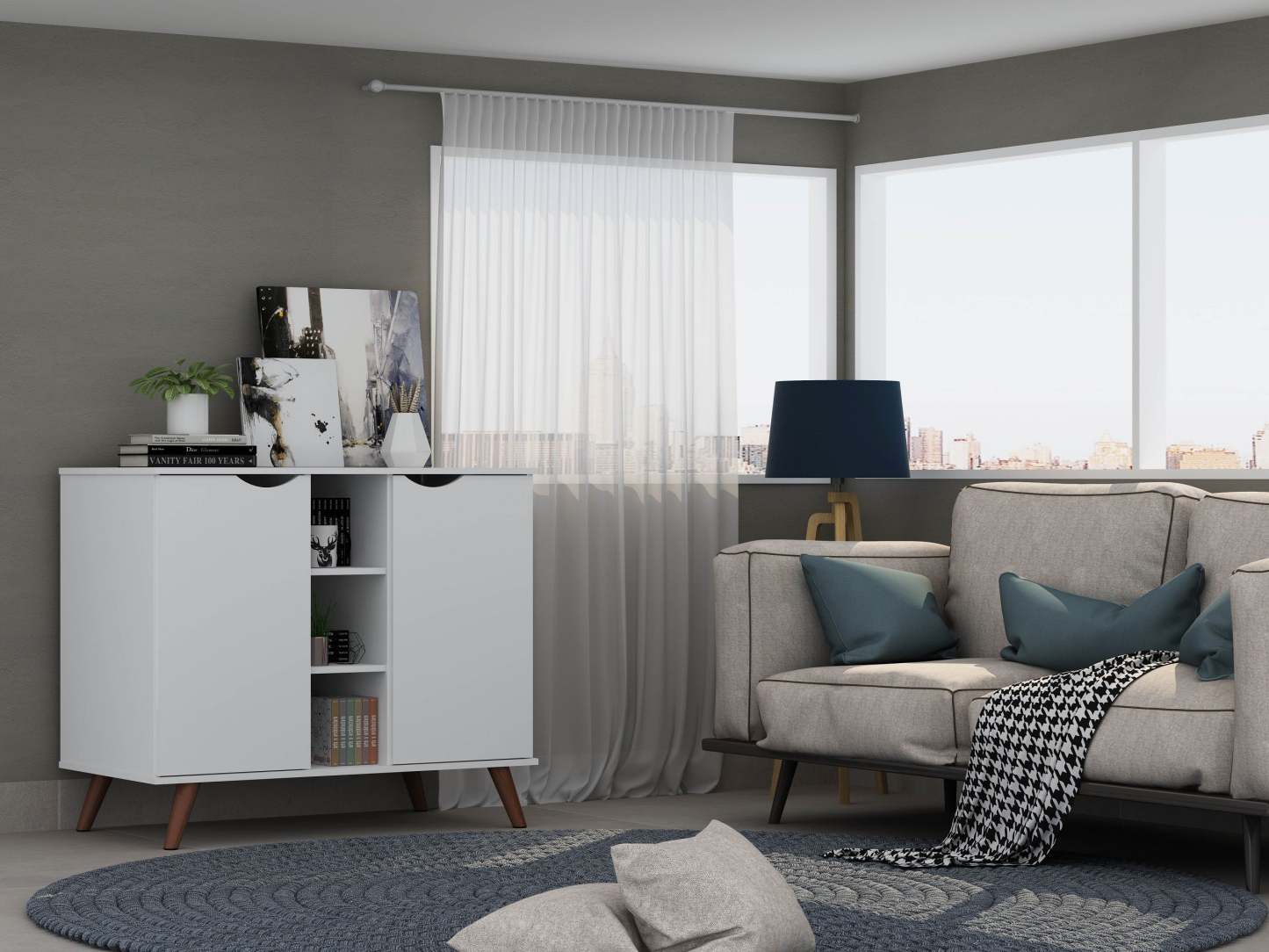 Buffet Hampton de Manhattan Comfort de 39,37 po avec 7 tablettes et pattes en bois massif - blanc