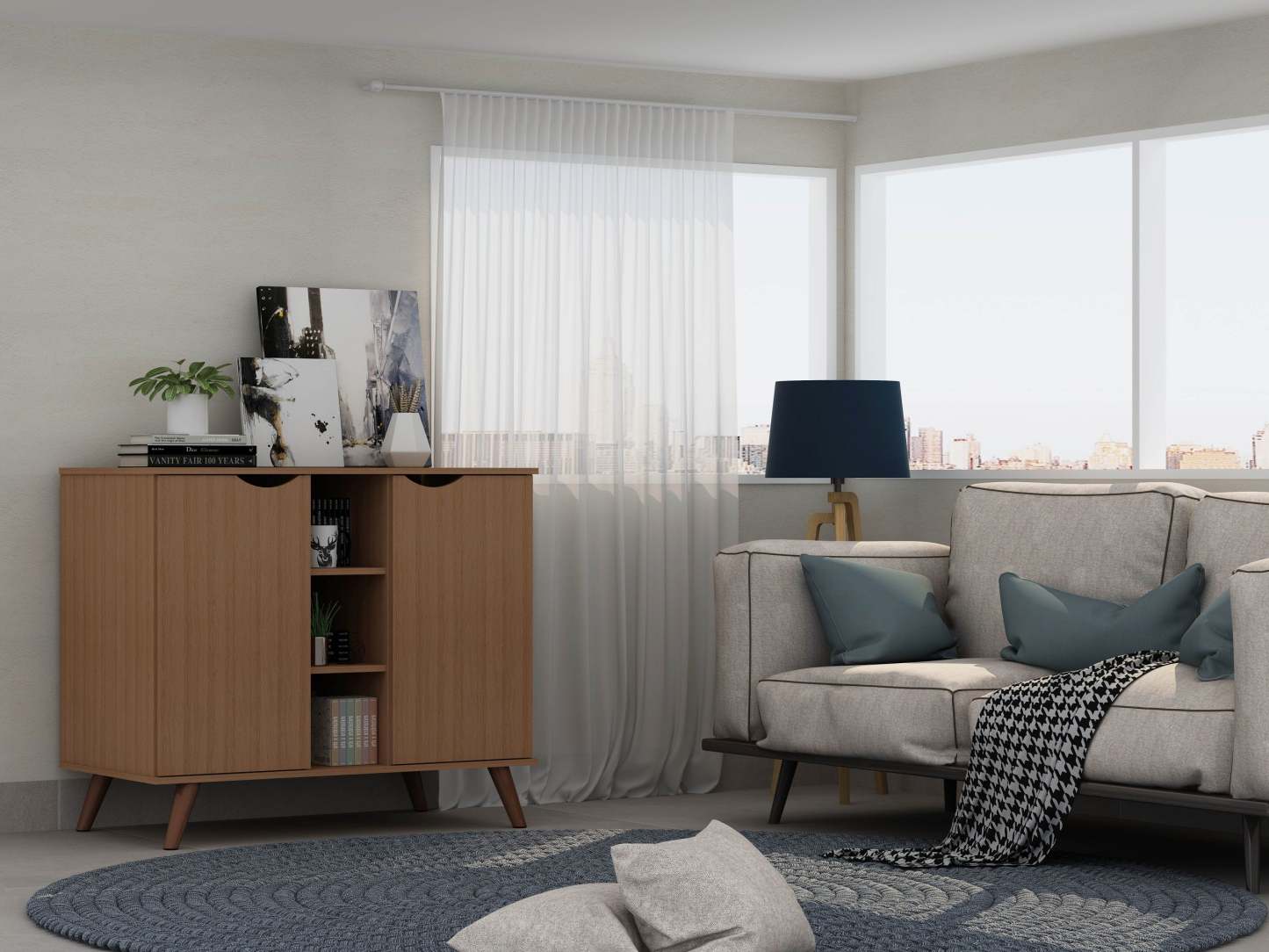 Buffet Hampton de Manhattan Comfort de 39,37 po avec 7 tablettes et pattes en bois massif - crème d'érable