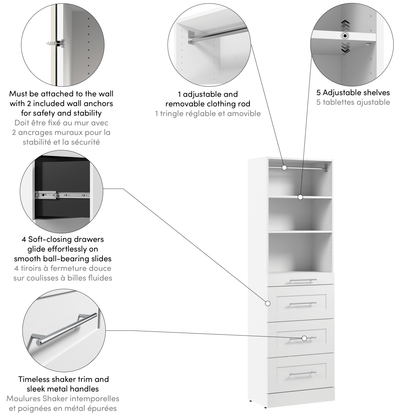 Système de tour garde-robe et pièce-penderie modulaire Florence de Bestar de 25 po avec tablettes et 4 tiroirs de style Shaker - blanche