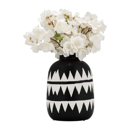Vase à fleurs en céramique de 9 po - noir et blanc | Vase à fleurs de 9 po en céramique à motif tribal - noir et blanc