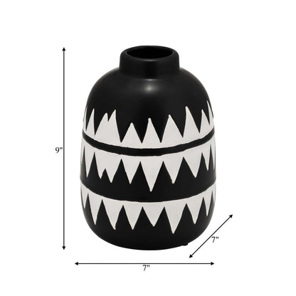 Vase à fleurs en céramique de 9 po - noir et blanc | Vase à fleurs de 9 po en céramique à motif tribal - noir et blanc