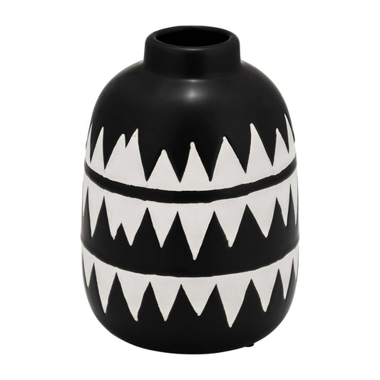 Vase à fleurs en céramique de 9 po - noir et blanc | Vase à fleurs de 9 po en céramique à motif tribal - noir et blanc