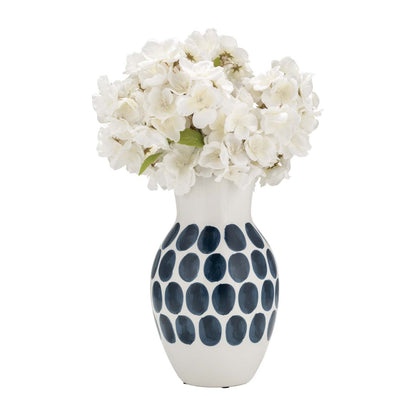 Vase à fleurs de 10 po en céramique à motif à pois bleu marine - blanc