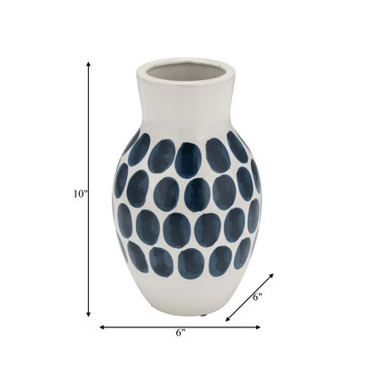 Vase à fleurs de 10 po en céramique à motif à pois bleu marine - blanc