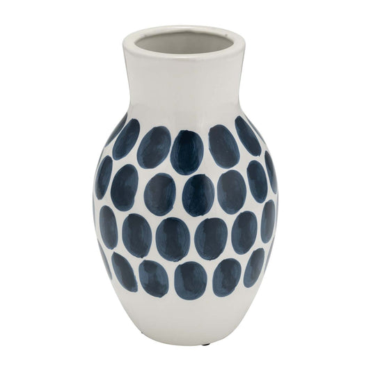 Vase à fleurs de 10 po en céramique à motif à pois bleu marine - blanc