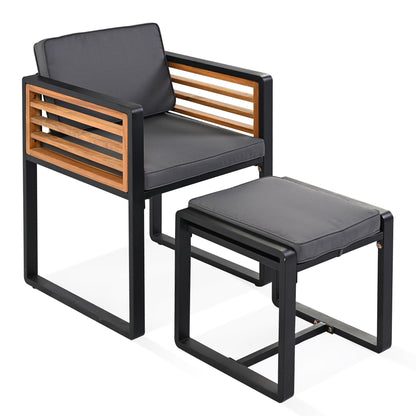 Ensemble de salle à manger de patio en bois d'acacia 18 pièces, 8 chaises rembourrées, 8 poufs et 2 tables carrées