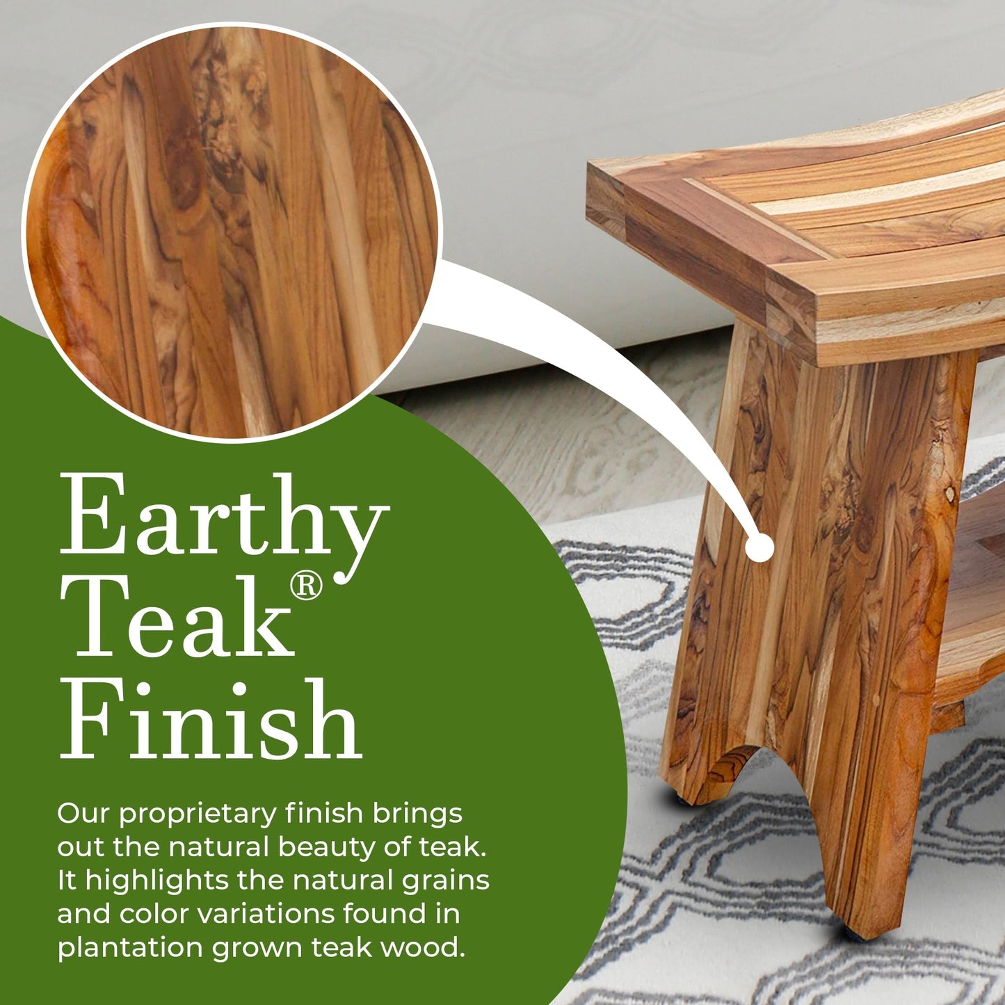 EcoDecors, Serenity, Banc de douche en teck, Tabouret de douche en teck, Banc de douche d'angle en teck, 45,7 cm (18 pouces), Avec étagère