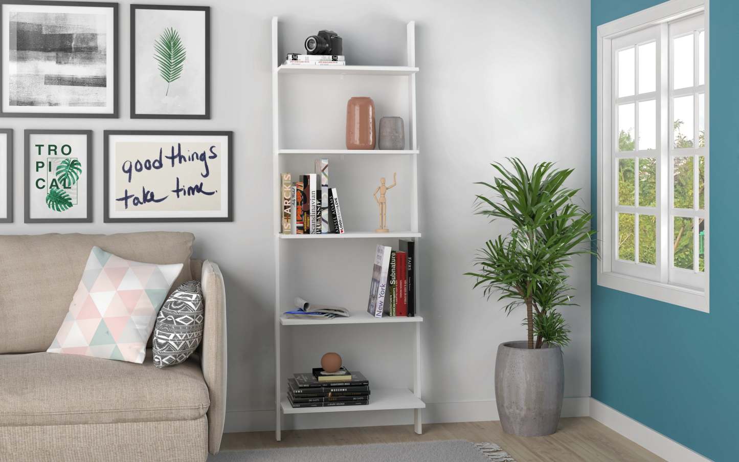 Bibliothèque flottante de style échelle Cooper de Manhattan Comfort avec 5 tablettes - blanche