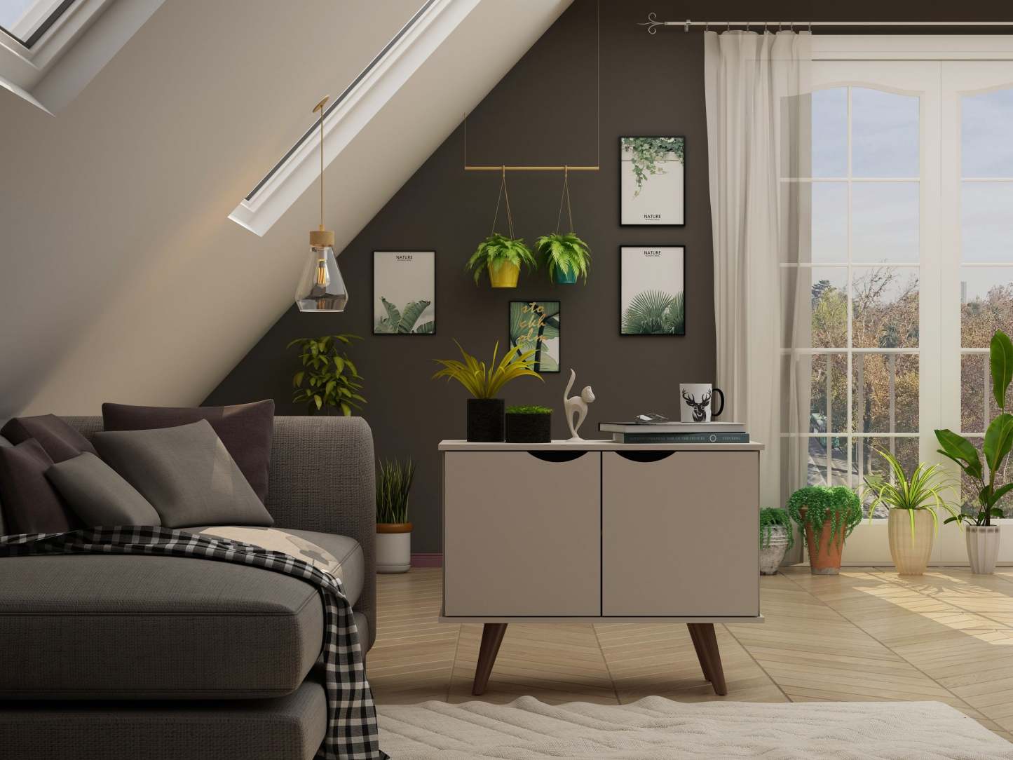 Manhattan Comfort Armoire d'appoint à 2 étagères Hampton avec pieds en bois massif - Blanc cassé|Armoire décorative Hampton de Manhattan Comfort avec 2 tablettes et pattes en bois massif - blanc cassé