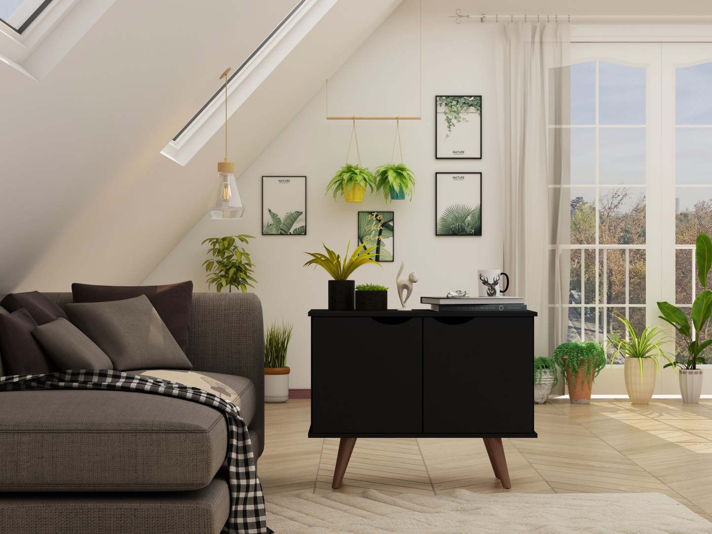 Manhattan Comfort Armoire d'appoint à 2 étagères Hampton avec pieds en bois massif - Noir|Armoire décorative Hampton de Manhattan Comfort avec 2 tablettes et pattes en bois massif - noire