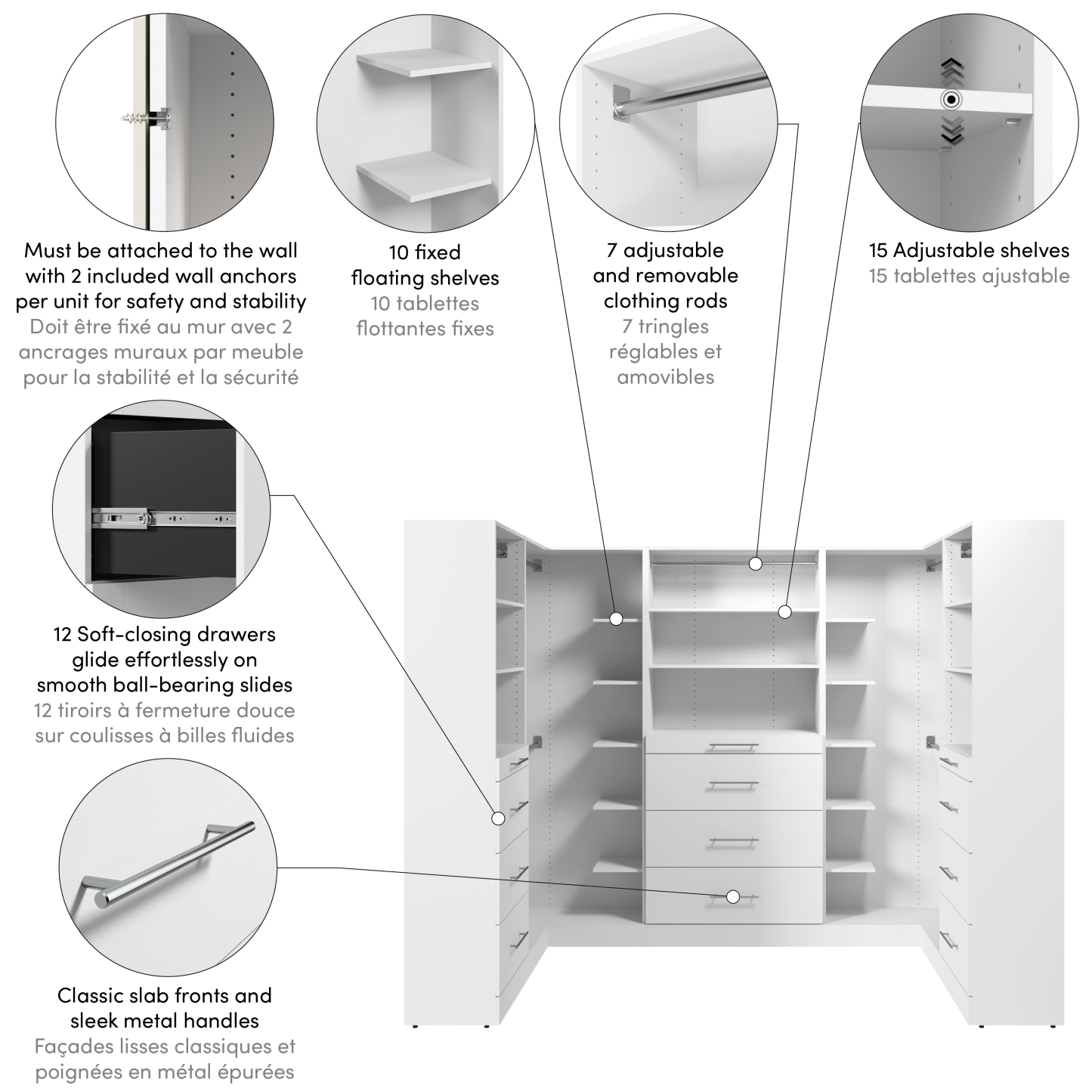 Bestar Florence 105 Système de pièce-penderie en forme de U modulaire avec tringles, tablettes et tiroirs de style lisse - blanc