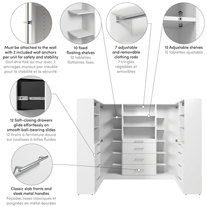 Bestar Florence 105 Système de pièce-penderie en forme de U modulaire avec tringles, tablettes et tiroirs de style lisse - blanc