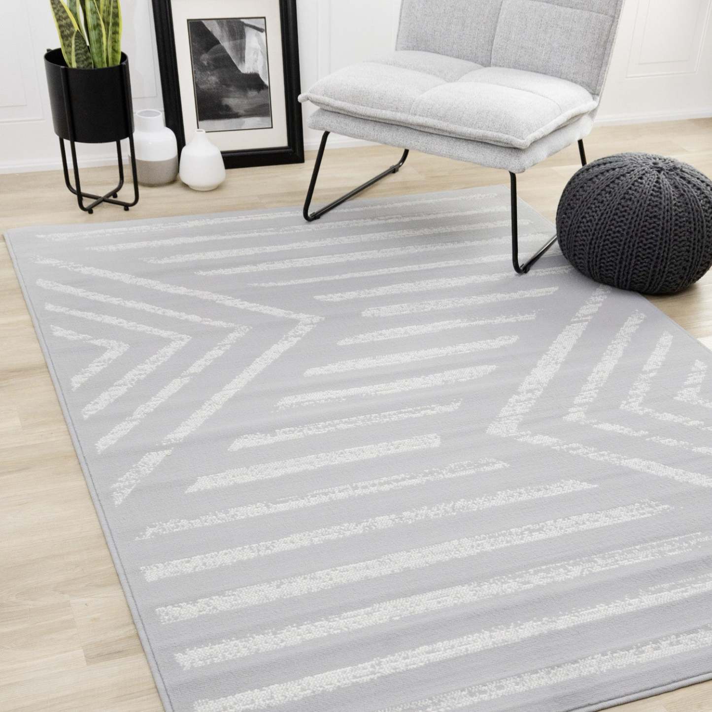 Tapis à rayures modernes Forte gris blanc - 5'3 x 7'5|Tapis Forte gris et blanc à rayures modernes - 5 pi 3 po x 7 pi 5 po