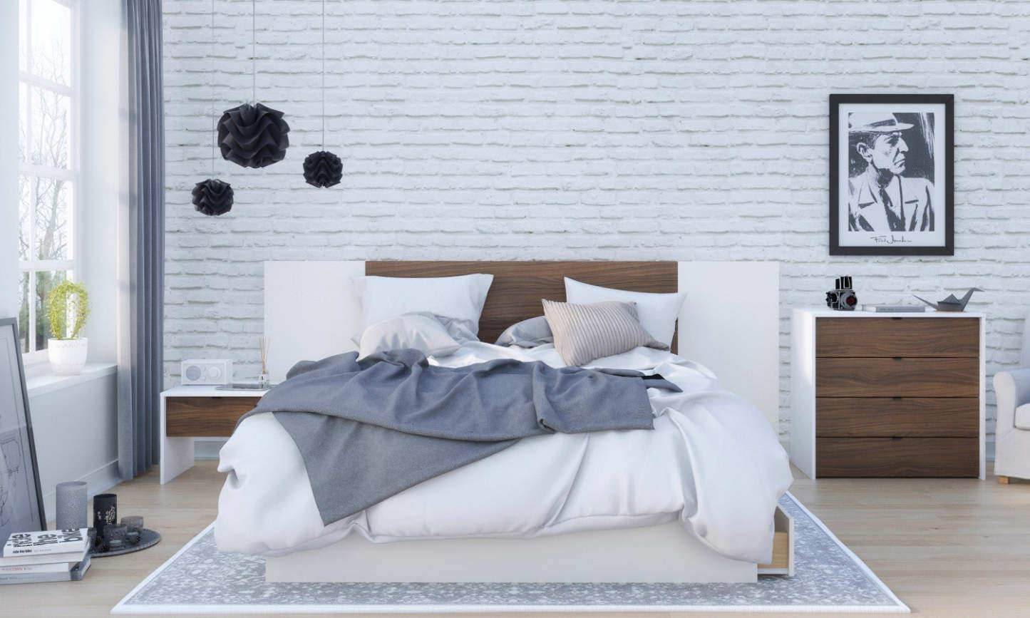 Table de nuit Nordika - Blanc/Noyer | Table de nuit Nordika - blanc et noyer | D08H3NTT