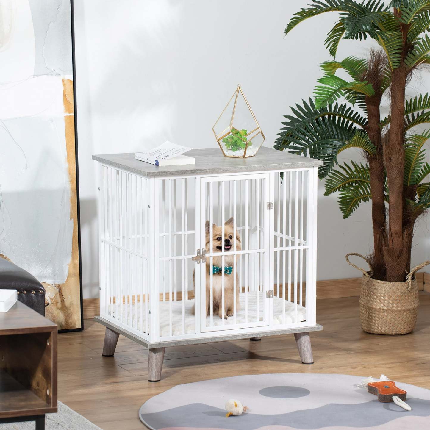 Pawhut Cage Pour Chien, Meuble Style Cage Pour Animaux, Table de Chevet, Maison Pour Chien Décorative, Avec Coussin Doux|Pawhut Cage Pour Chien Animaux Sur Pied Grand Coussin Amovible Porte Verrouillable En Acier Panneaux