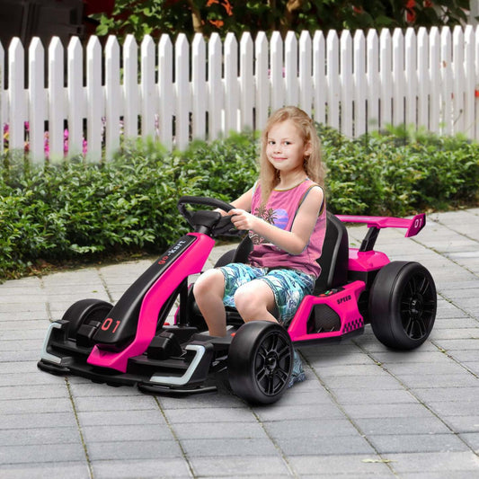 Aosom Go Kart, kart à dérapage électrique 24v pour enfants avec siège réglable, démarrage lent, ceinture de sécurité, klaxon, musique, lumière, véhicule à batterie pour enfants de 6 à 12 ans, rose