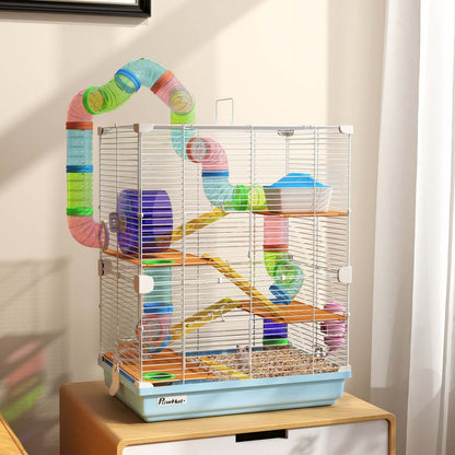 Pawhut Cage à Hamster 5 Niveaux Transportable Habitat pour Animaux avec Roues d'Exercice Tube de Jeu Bouteille d'Eau Assiettes Maison Échelle pour Gerbilles, Bleu Clair