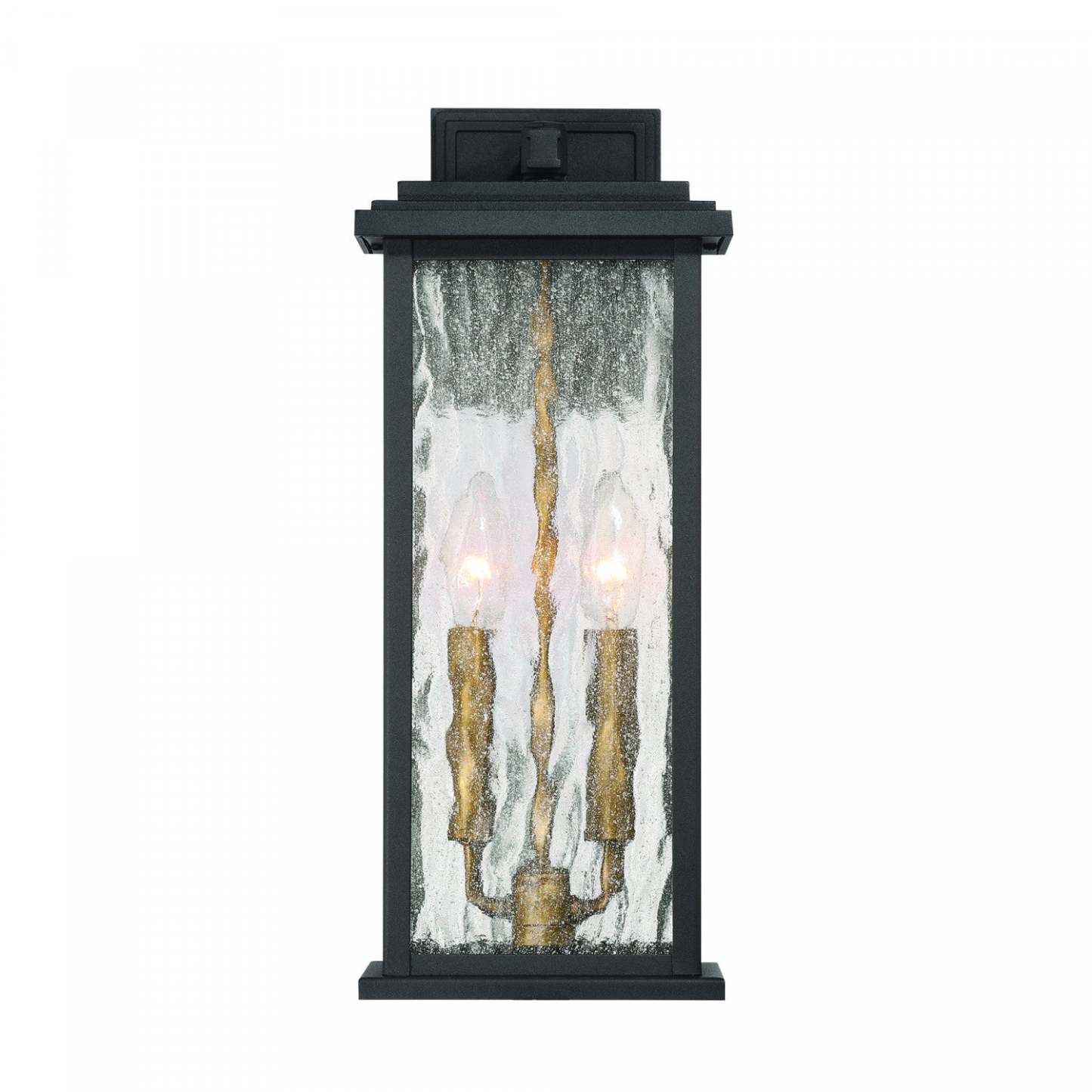 Applique murale extérieure Estate à 2 lumières 17, noir, laiton avec lampe en verre de pluie | Applique Murale D'extérieur Estate A 2 lampes De 17 po, Noir Et Laiton Avec Verre A Gouttelettes
