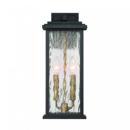 Applique murale extérieure Estate à 2 lumières 17, noir, laiton avec lampe en verre de pluie | Applique Murale D'extérieur Estate A 2 lampes De 17 po, Noir Et Laiton Avec Verre A Gouttelettes
