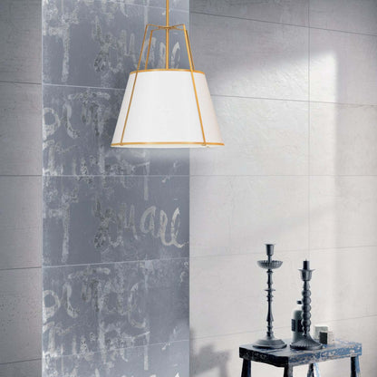 Dainolite Trapezoid 1 Light Pendant Gold/White Shade White Fabric Diffuser Lamp|Luminaire suspendu Trapezoid de Dainolite avec abat-jour doré et blanc qui diffuse la lumière, tissu blanc et 1 ampoule