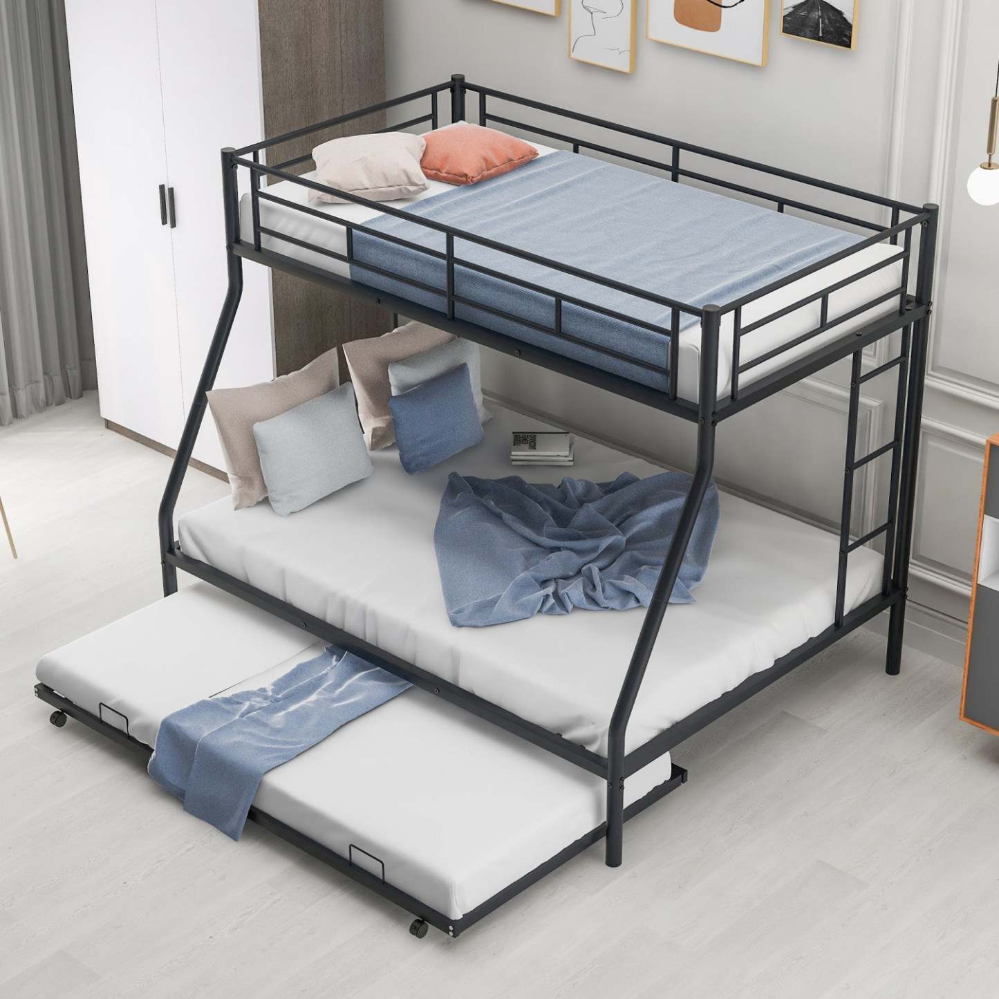 Lit superposé simple en métal peu encombrant Jeremy avec lit gigogne et échelles doubles - Noir | Jeremy – Lit Superpose En Metal, Simple Sur Double, Design Compact Avec Lit Gigogne Et Deux Echelles – Noir