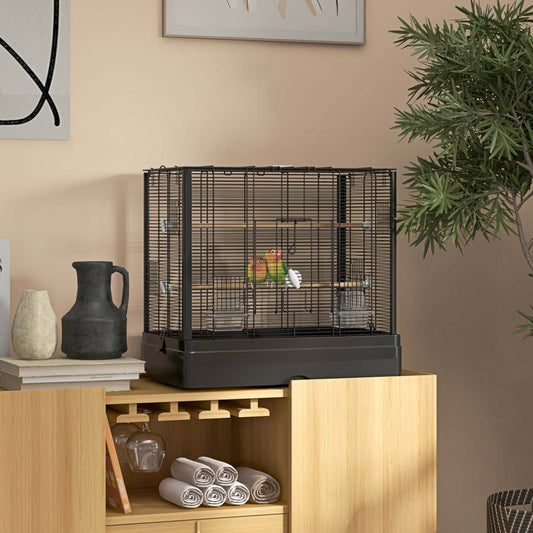 Pawhut 22 Cage à Oiseaux Pour Perruche, Pinsons, Canaris, Perroquets Amoureux, Grande Cage à Perroquet Avec Supports en Bois, Plateau Amovible, Poignée, Contenants Alimentaires, Noir