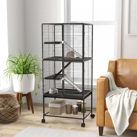 Pawhut Petite Cage Pour Animaux Avec Roues, Parc Pour Animaux De Compagnie Pour Rat, Chaton, Furets, Chinchillas Avec Fond | Pawhut Cage A Furet Roulant 53,5 Po De Hauteur Pour Petits Animaux, Cage A 4 Niveaux Pour Chinchilla