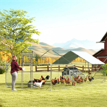 Pawhut Enclos à Poules, Grand Poulailler en Métal avec Porte d'Alimentation, Couverture Imperméable et Résistante aux UV, Mangeoire Suspendue, Perchoir, Cage à Volaille pour Extérieur, Jardin, Ferme, Pour 18-24 Volatiles