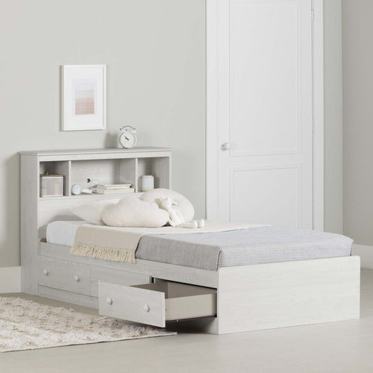 Ensemble lit et tête de lit bibliothèque Summer Breeze en pin blanc - Lit simple South Shore