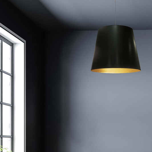 Dainolite Oversize Drum 1 Light Pendant Medium Black/Gold Shade Lamp|Luminaire suspendu moyen de Dainolite avec très grand abat-jour cylindrique noir et doré, et 1 ampoule