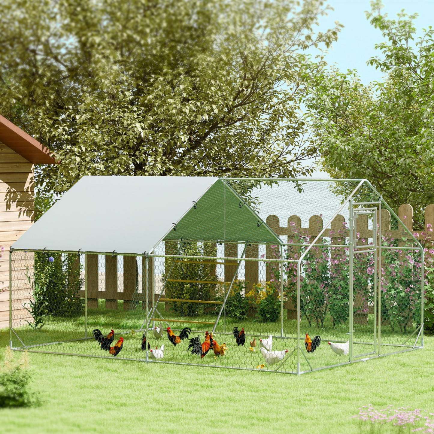 Pawhut Enclos à Poules, Grand Poulailler en Métal avec Porte d'Alimentation, Couverture Imperméable et Résistante aux UV, Mangeoire Suspendue, Perchoir, Cage à Volaille pour Extérieur, Jardin, Ferme, Pour 12-18 Volatiles