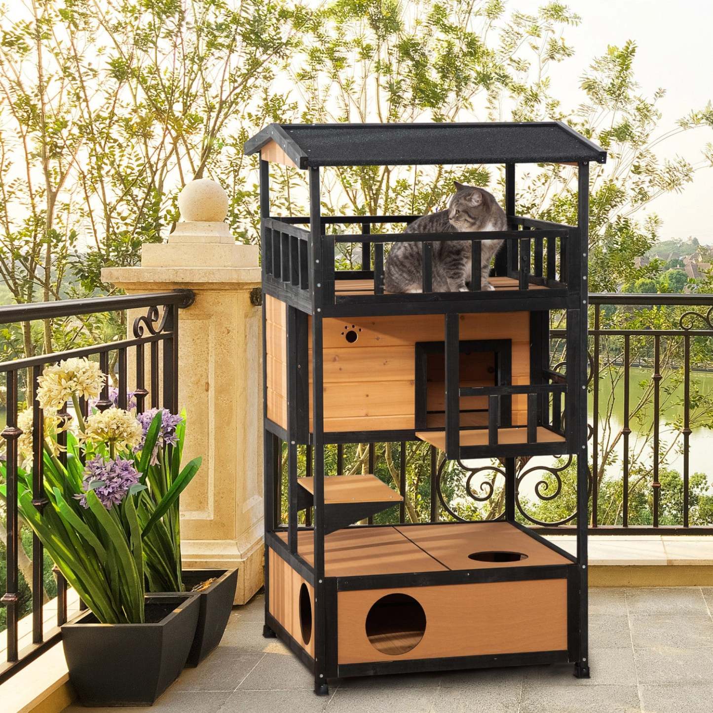 Pawhut Maison D'exterieur En Bois Pour Chat, Abri Pour Chat Sauvage, Arbre A Chaton Avec Toit En Asp
