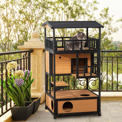 Pawhut Maison D'exterieur En Bois Pour Chat, Abri Pour Chat Sauvage, Arbre A Chaton Avec Toit En Asp