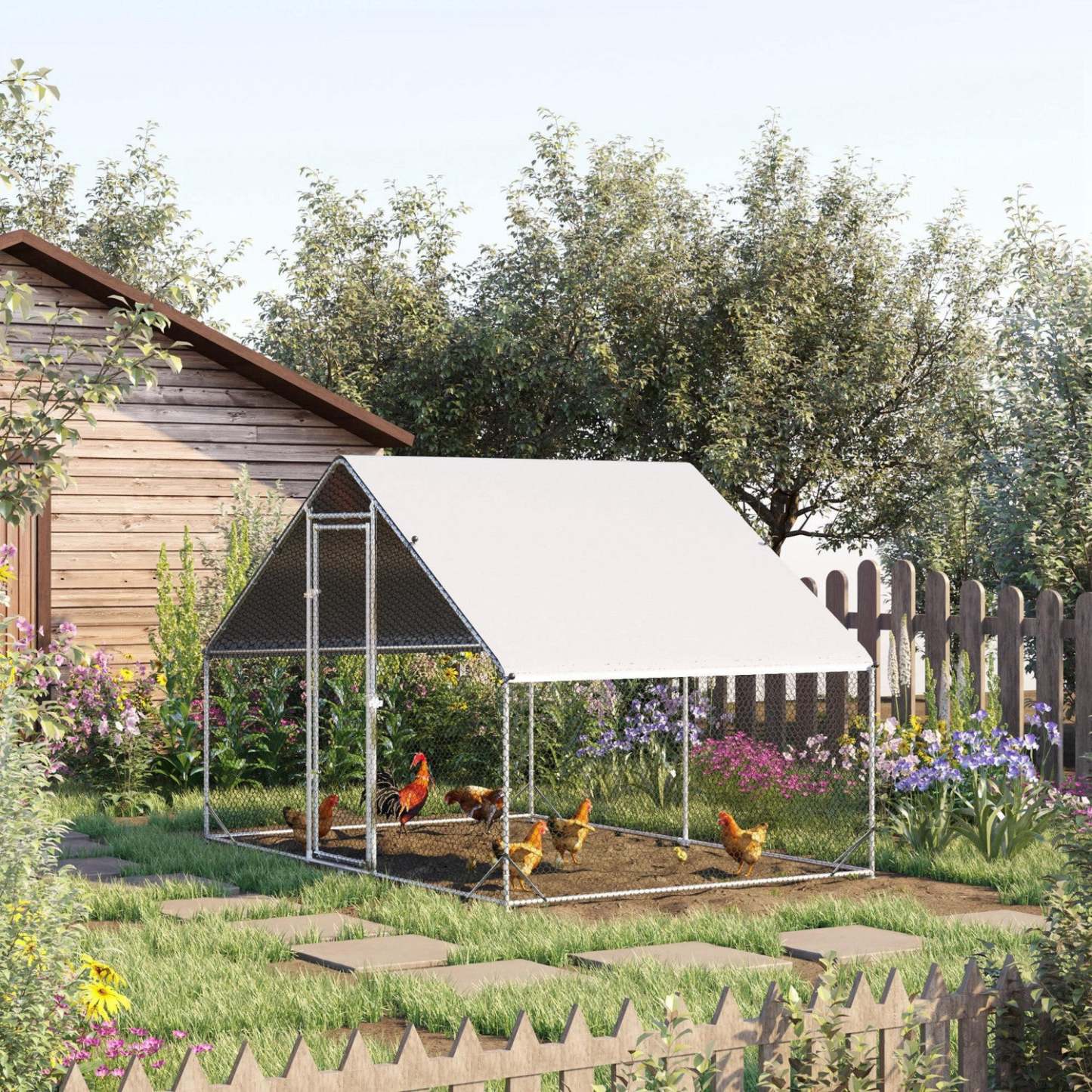 Pawhut Grand Poulailler En Metal Galvanise, Avec Couverture, Pour L'extérieur De La Cour, 10' X 6.5'