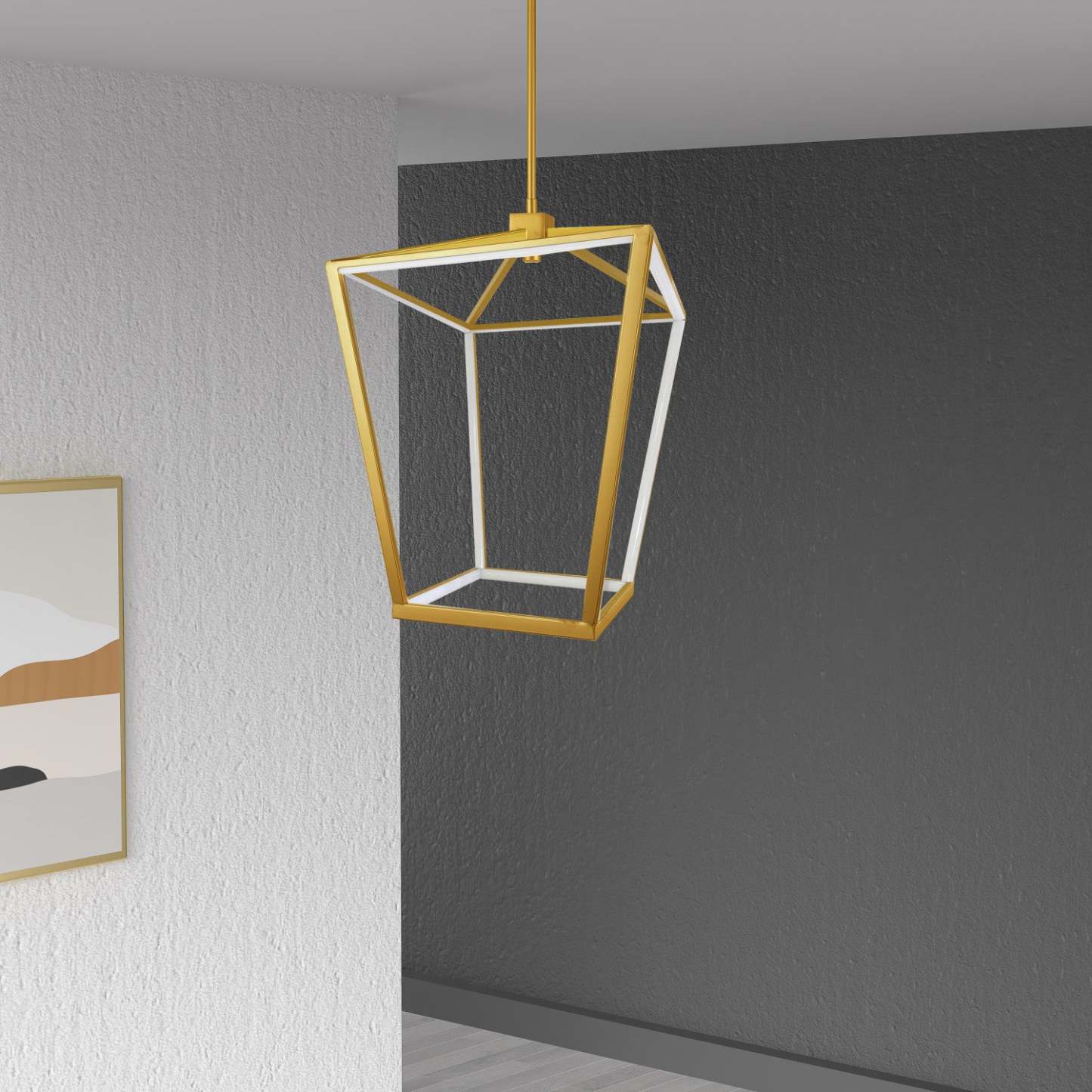 Dainolite Cage LED Suspension 46w Finition Laiton Vieilli Lampe Diffuseur Blanc|Luminaire suspendu Cage de Dainolite blanc qui diffuse la lumière, avec fini laiton vieilli et ampoule à DEL de 46 W